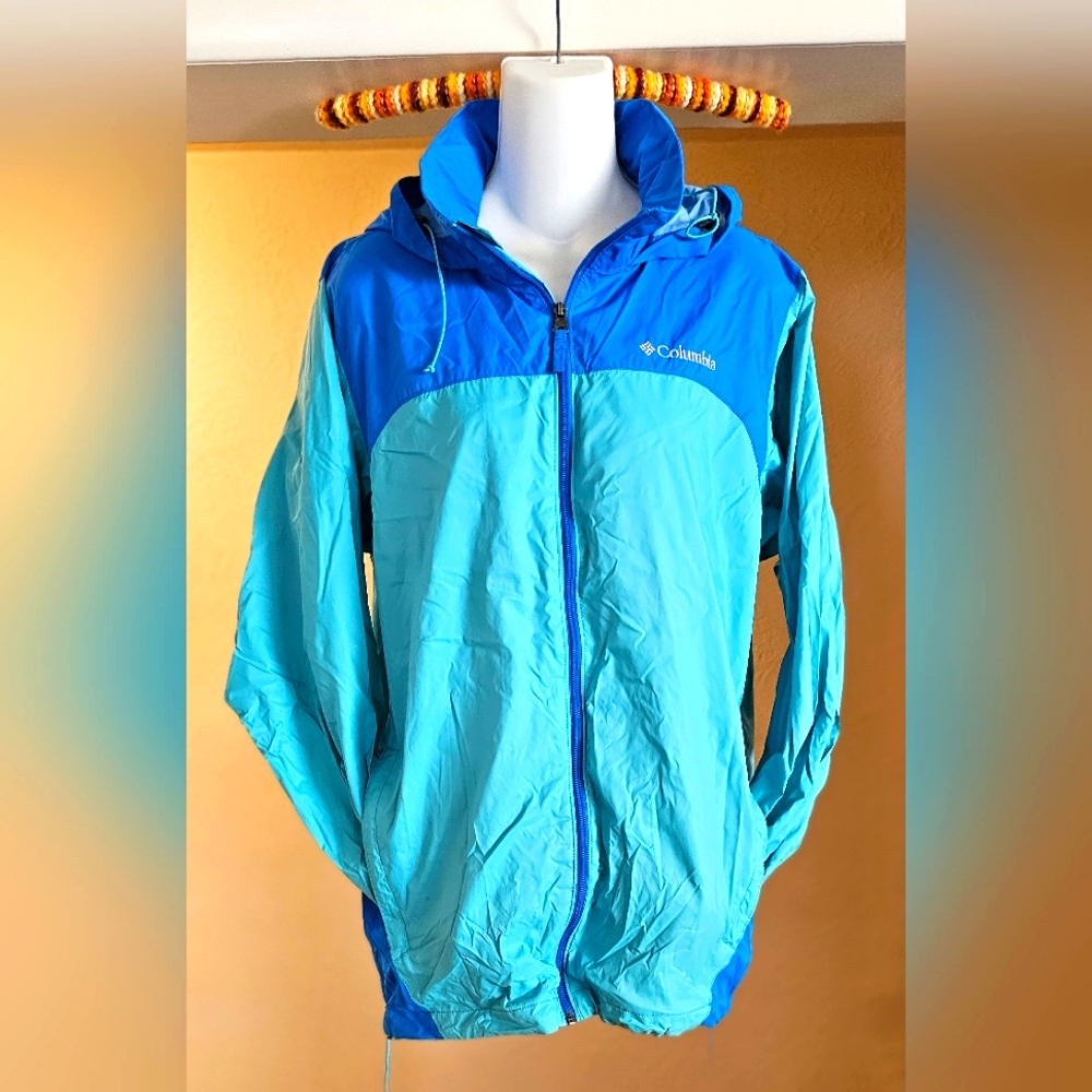 Columbia Jacket Womens SMALL LIGHT WEIGHT TURQUOISE/BLUE Windbreaker * Hood *
